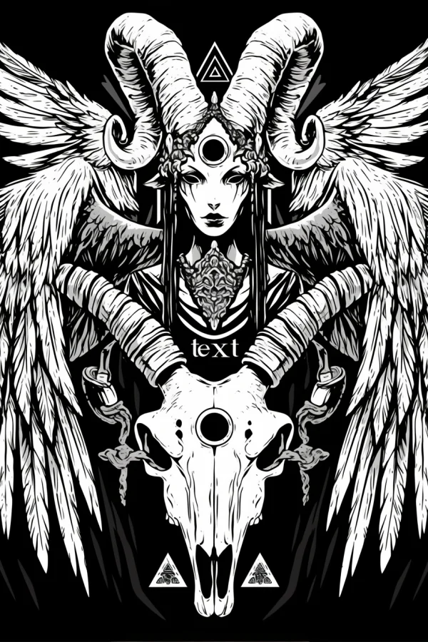 Dark horned winged woman with ram skull, gothic dark style — free printable horror coloring book page