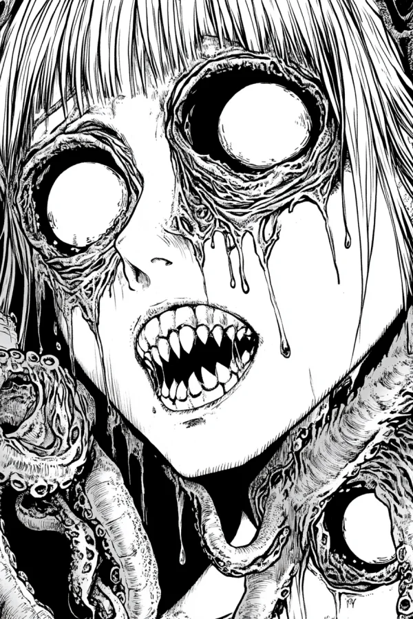 Creepy eyeless woman with sharp fangs and tentacles, dark manga style — free printable horror coloring book page