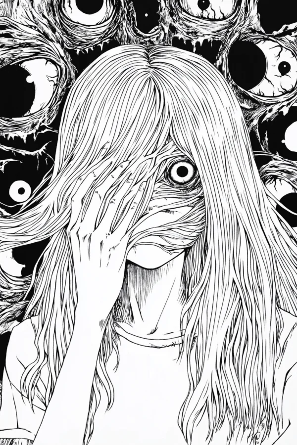Horror girl with long hair covering her face, one large eerie eye exposed — free printable horror coloring book page