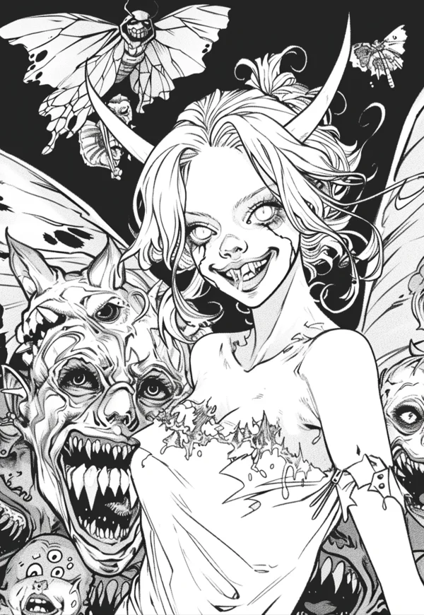 Horned eerie girl surrounded by various horror monsters and moths, dark fantasy horror style — free printable horror coloring book page