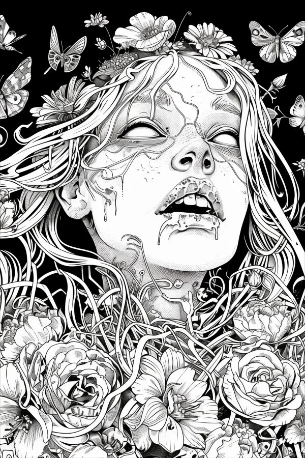 Eerie girl merged with plants, dark fantasy style — free printable horror coloring book page