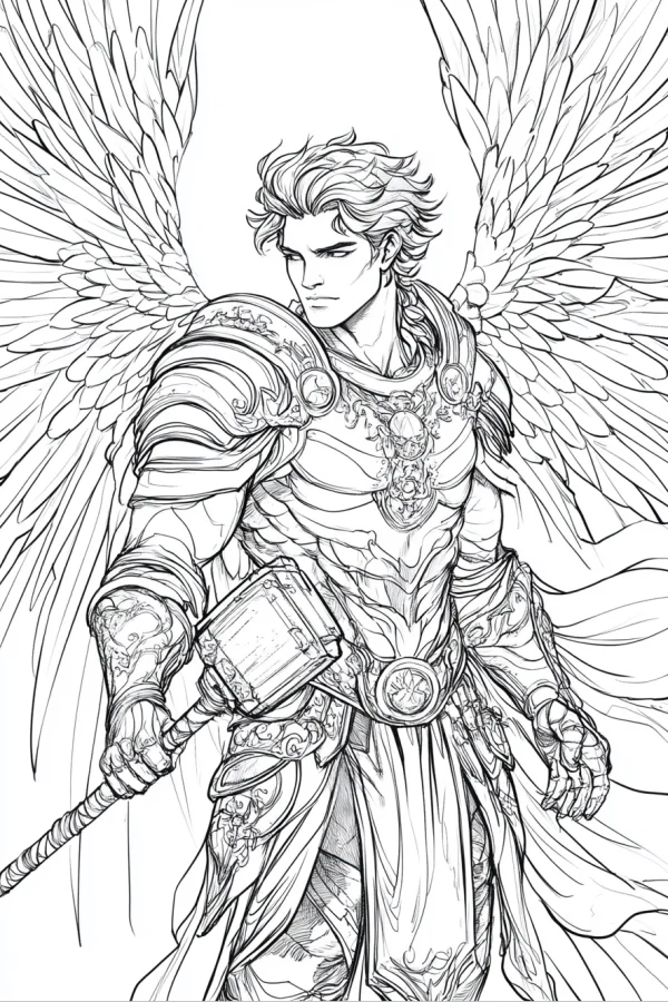 Armored angel warrior with giant wings, fantasy realistic style — free printable mythology coloring book page