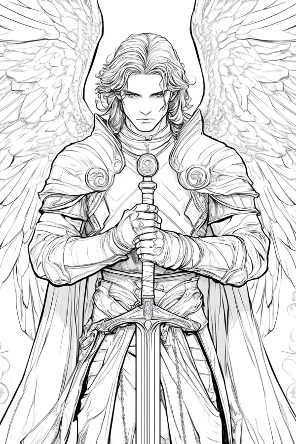 Angel knight holding a sword, anime style — free printable mythology coloring book page