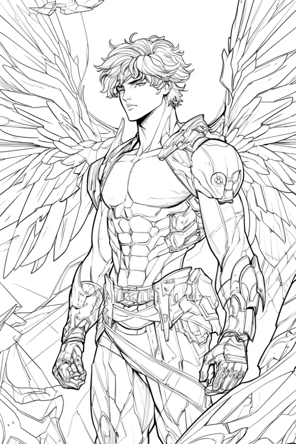 Male angel with mechanical armor, anime sci-fi style — free printable sci-fi coloring book page