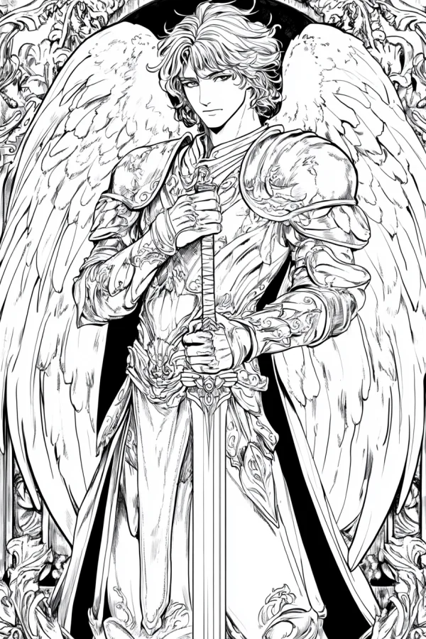 Sword-wielding angel knight, anime fantasy style — free printable mythology coloring book page