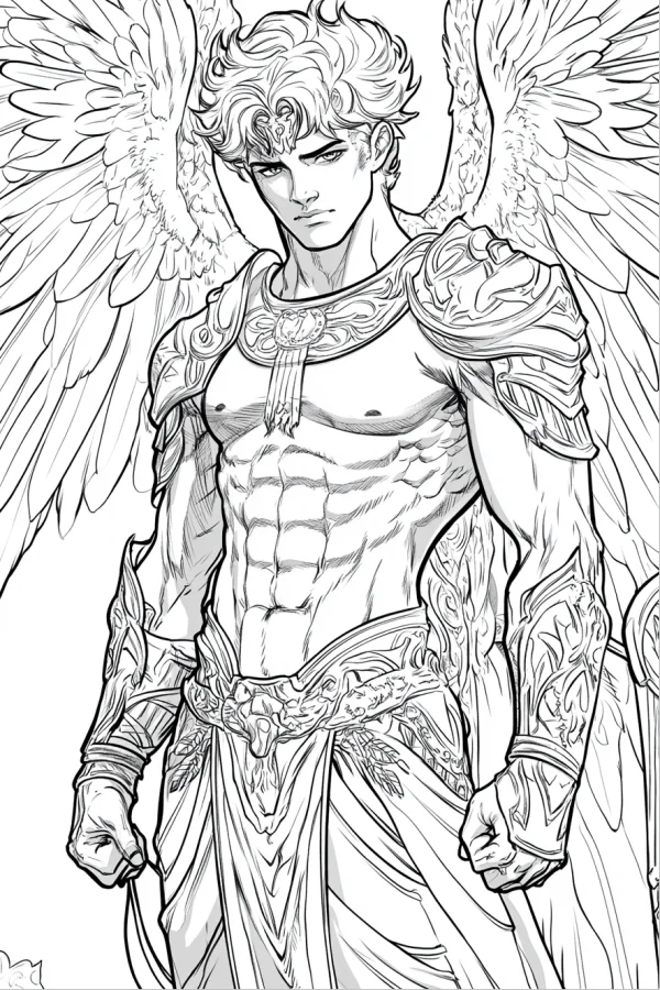 Male angel with armor, anime realistic style — free printable mythology coloring book page