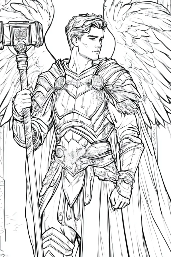 Warrior angel holding a war hammer, detailed armor with decorative patterns — free printable mythology coloring book page
