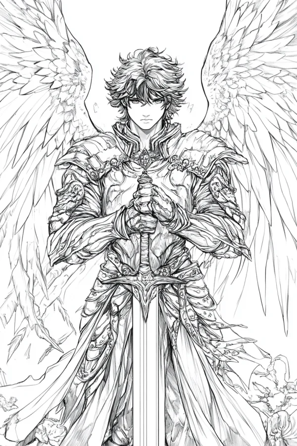 Armored angel knight holding a two-handed sword, anime art style — free printable mythology coloring book page