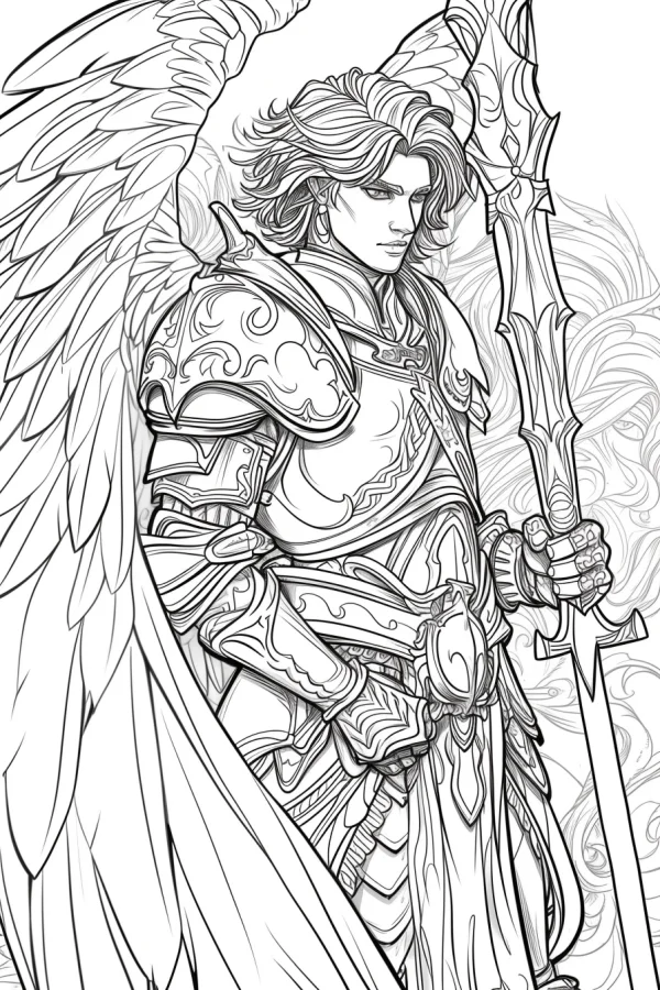 Armored angel knight, fantasy style — free printable mythology coloring book page