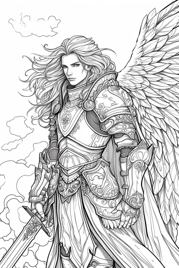 Armored angel knight with large detailed wings, fantasy illustration style — free printable mythology coloring book page