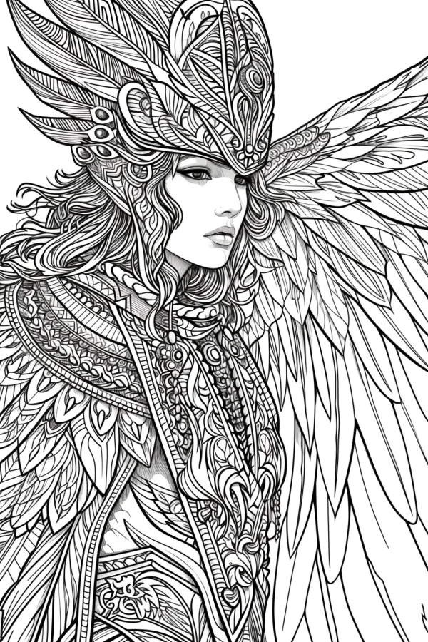 Ornate winged angel warrior, decorative art and fantasy style — free printable mythology coloring book page