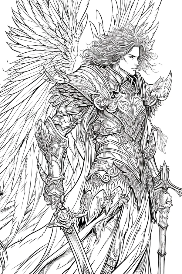 Armored angel warrior with large feathered wings, fantasy style — free printable mythology coloring book page