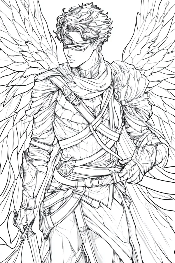 Blindfolded angel warrior with large feathered wings, anime style — free printable mythology coloring book page