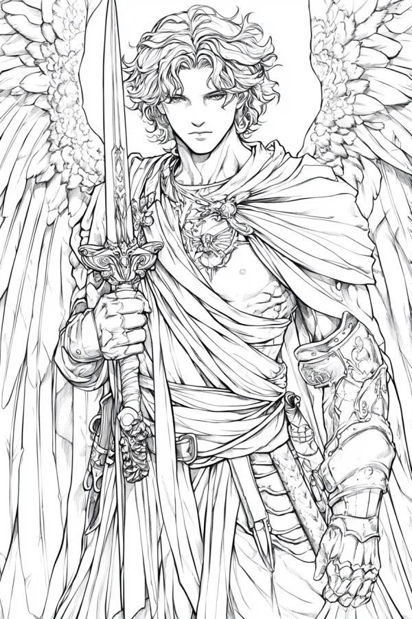 Sword-wielding angel with large detailed wings, anime realistic style — free printable mythology coloring book page