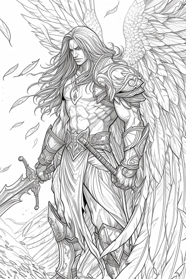 Muscular angel warrior holding two swords, fantasy sketch style — free printable mythology coloring book page