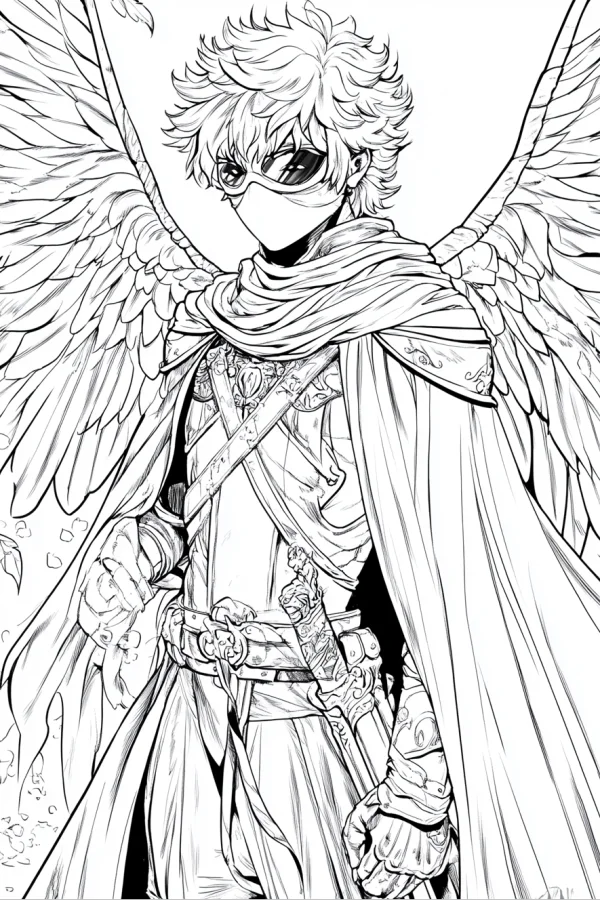 Masked angel warrior with large feathered wings, anime style — free printable angel coloring book page