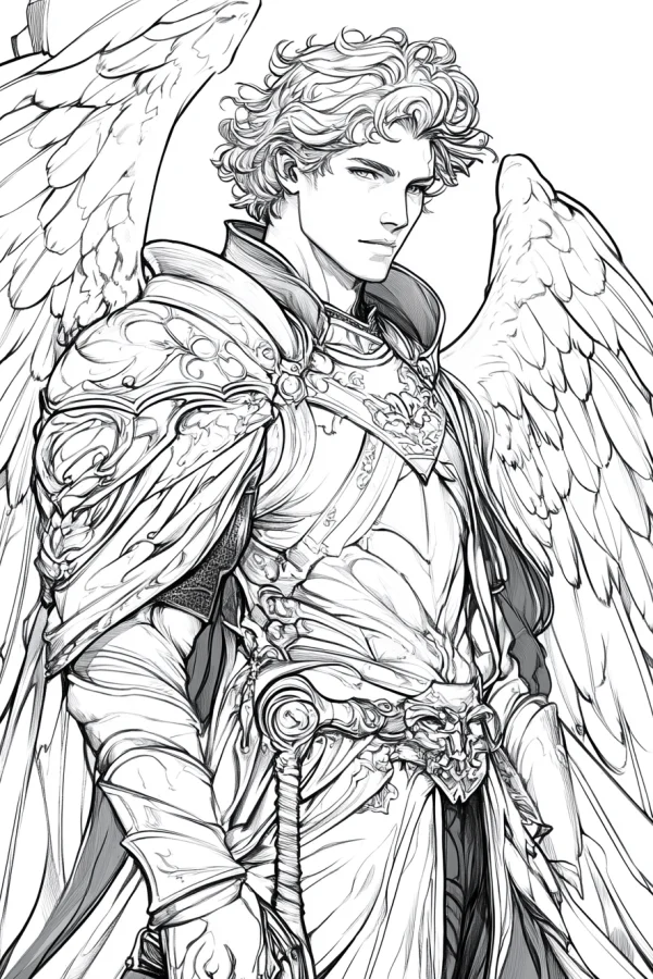 Armored angel warrior, fantasy anime style — free printable mythology coloring book page
