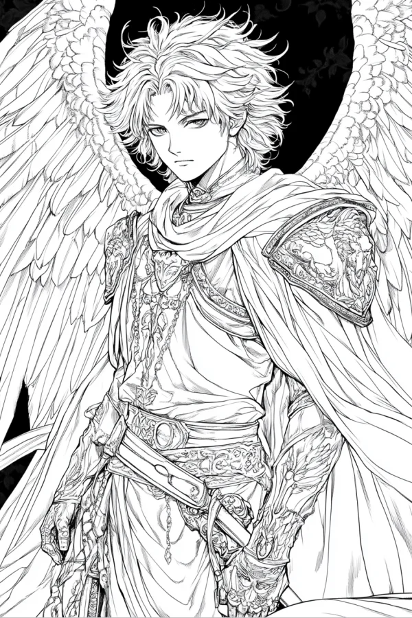 Ornate armored angel with large detailed wings, japanese anime illustration style — free printable mythology coloring book page