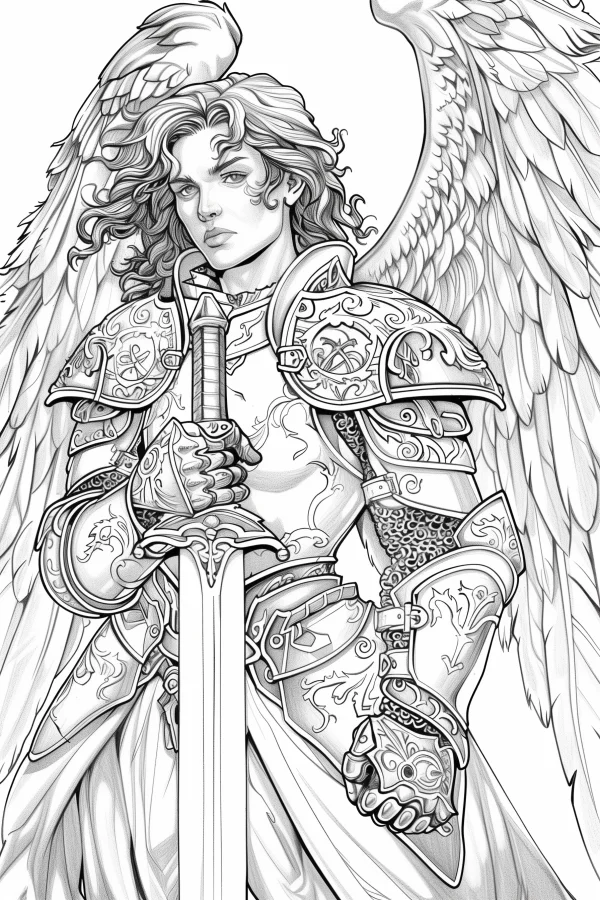 Winged angel knight holding a long sword, fantasy style — free printable mythology coloring book page