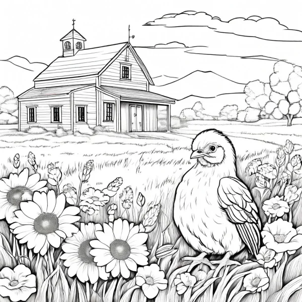 Cute chick in grass with sunflowers in front of a farm house, sketch style — free printable farm coloring book page