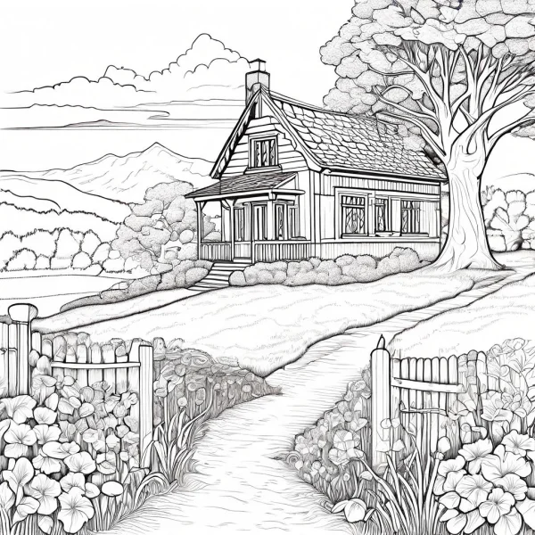 Rural cottage, realistic style — free printable country life coloring book page