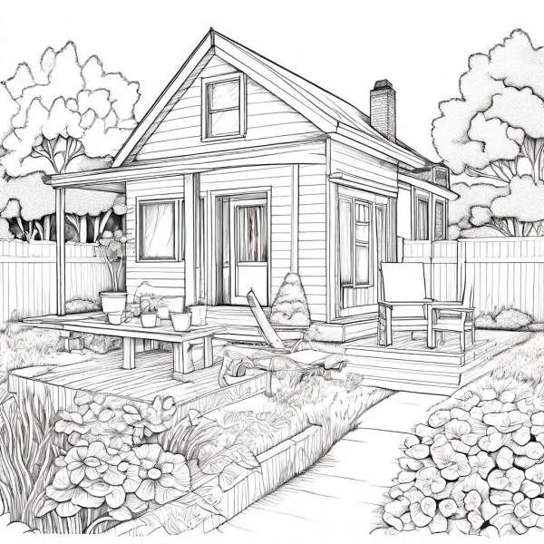 Cozy cottage house, realistic line art style — free printable family coloring book page