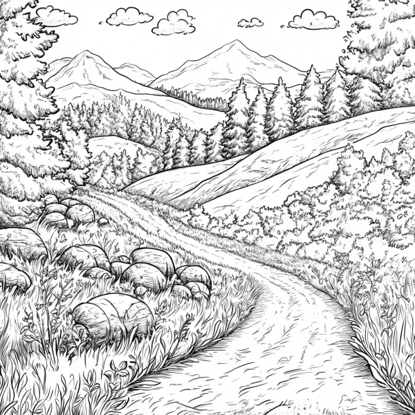 Mountain forest path landscape, realistic sketch style — free printable forest coloring book page