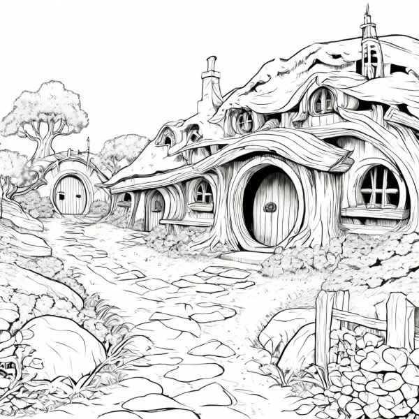 Hobbit-style cottage cluster, fairy tale illustration style — free printable country life coloring book page