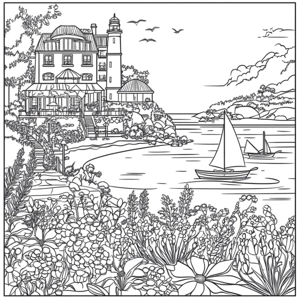 Coastal villa with lighthouse landscape, realistic line art style — free printable leisure vacation coloring book page