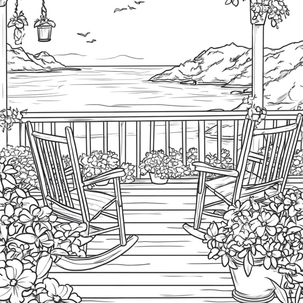 Lakeside porch with two rocking chairs, realistic style — free printable life theme coloring book page