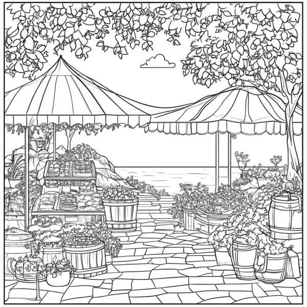 Outdoor gardening market stall with potted plants and wooden barrels, sketch style — free printable outdoor leisure coloring book page