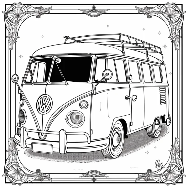 Vintage volkswagen bus, retro style — free printable travel coloring book page