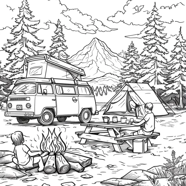 Forest camping scene with camper van, tent — free printable camping coloring book page