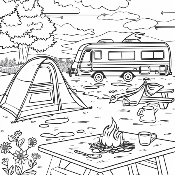 Coloring book page, outdoor camping scene with tent — free printable camping coloring book page