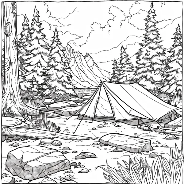 Forest camping scene with canvas tent, realistic line art style — free printable camping coloring book page