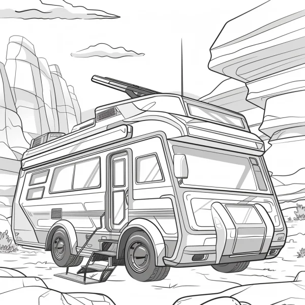 Outdoor camper van, cartoon style — free printable travel coloring book page