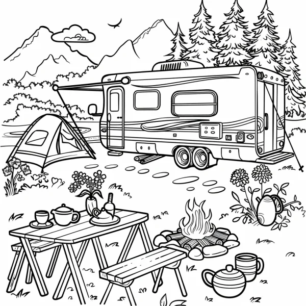 Camping scene with caravan and tent, realistic line art style — free printable camping coloring book page