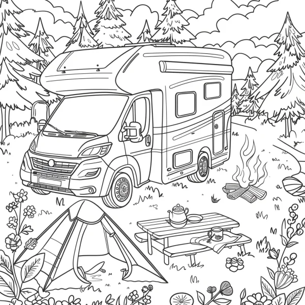 Camper van with camping tent in forest, cartoon style  peaceful camping scene with picnic table — free printable camping coloring book page