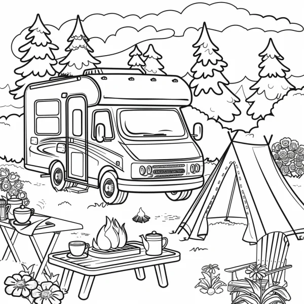 Camping rv with outdoor camp scene including tent, campfire — free printable camping coloring book page