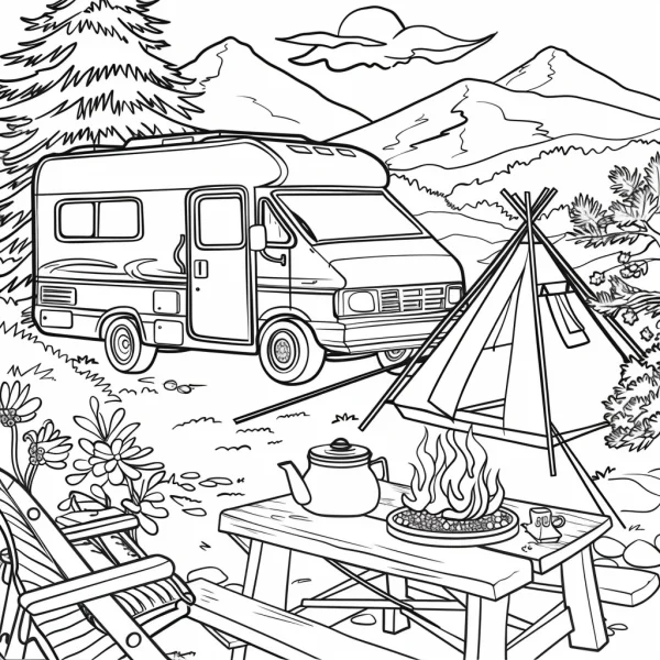 Outdoor camping scene with rv, tent — free printable camping coloring book page