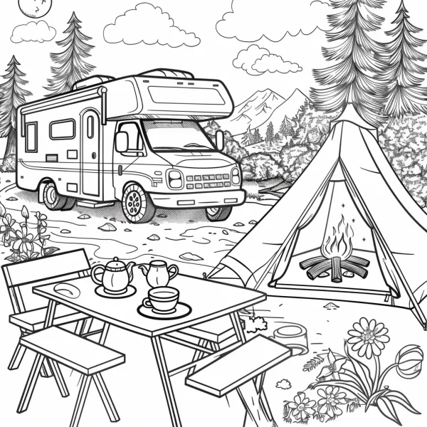 Outdoor camping scene with rv, tent — free printable camping coloring book page