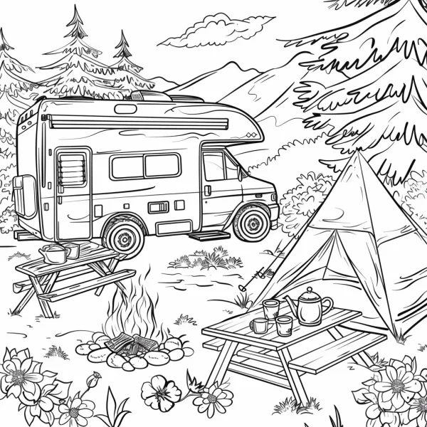 Camper van and tent outdoor camping scene, sketch style — free printable camping coloring book page