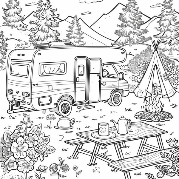 Camper van and outdoor picnic scene, cartoon style — free printable camping coloring book page