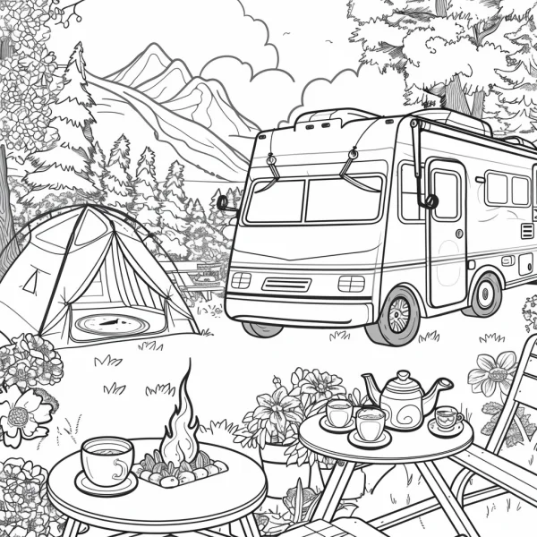 Outdoor camping scene with rv and tent, realistic line art style — free printable camping coloring book page