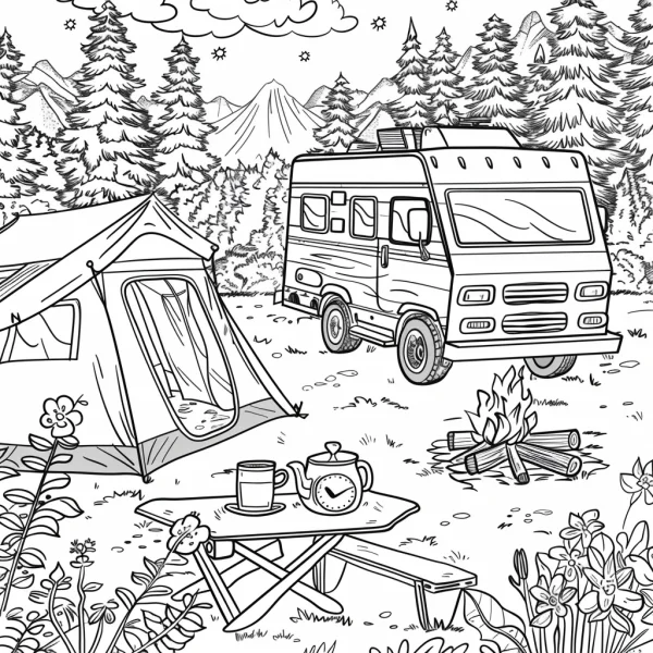 Outdoor camping scene with camper van, tent — free printable camping coloring book page