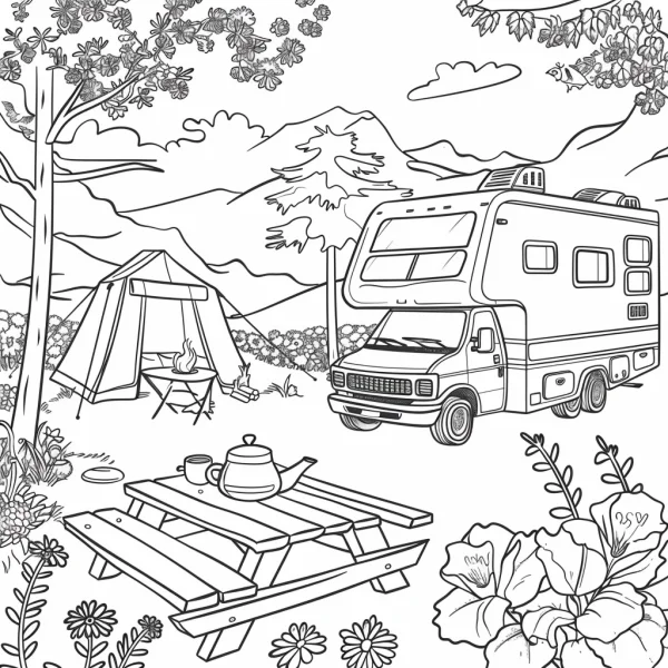 Camper van and tent in camping scene, realistic line art style — free printable travel coloring book page