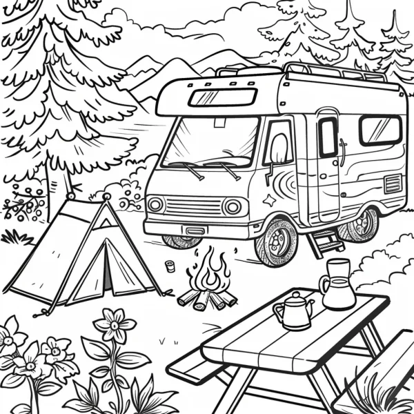 Camper van and outdoor camping scene, cartoon style — free printable camping coloring book page