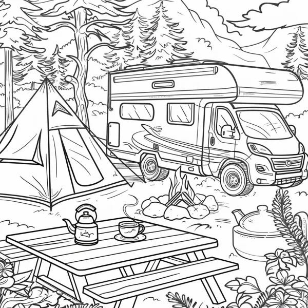 Outdoor camping scene with camper van and tent, realistic  picnic table with teapot and cup — free printable camping coloring book page