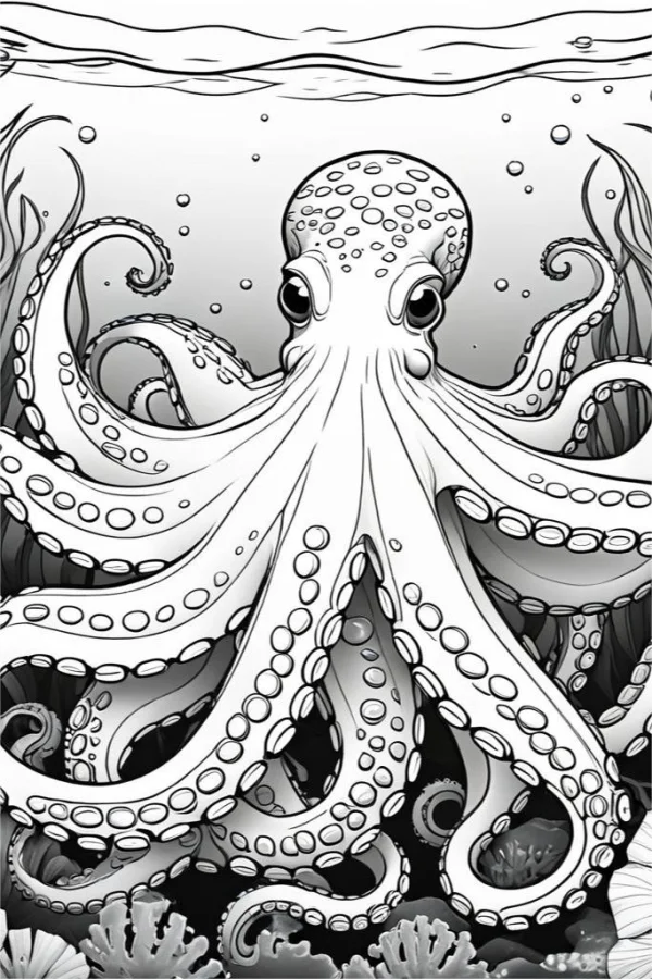 Realistic octopus, underwater seabed scene with seaweed — free printable marine life coloring book page