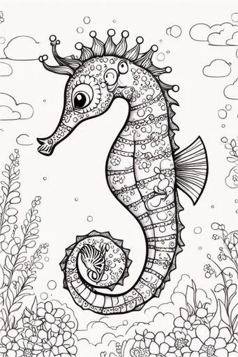 Mandala-style seahorse, cartoon decorative art style — free printable marine life coloring book page